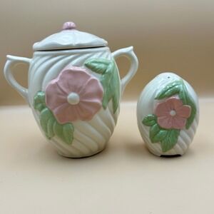Vintage USA Pottery Floral Sugar Bowl and Shaker Set Pink Green Swirl Ceramic